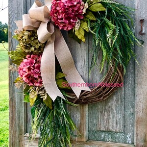 Brand New Farmhouse Wreath, Pink Hydrangea Wreath, All Season Wreath, Spring Wreath, Rustic Home Decor, Summer Wreath, Color Choices image 3