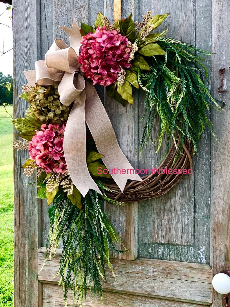 Brand New Farmhouse Wreath, Pink Hydrangea Wreath, All Season Wreath, Spring Wreath, Rustic Home Decor, Summer Wreath, Color Choices image 3