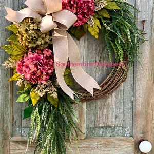 Brand New Farmhouse Wreath, Pink Hydrangea Wreath, All Season Wreath, Spring Wreath, Rustic Home Decor, Summer Wreath, Color Choices image 7