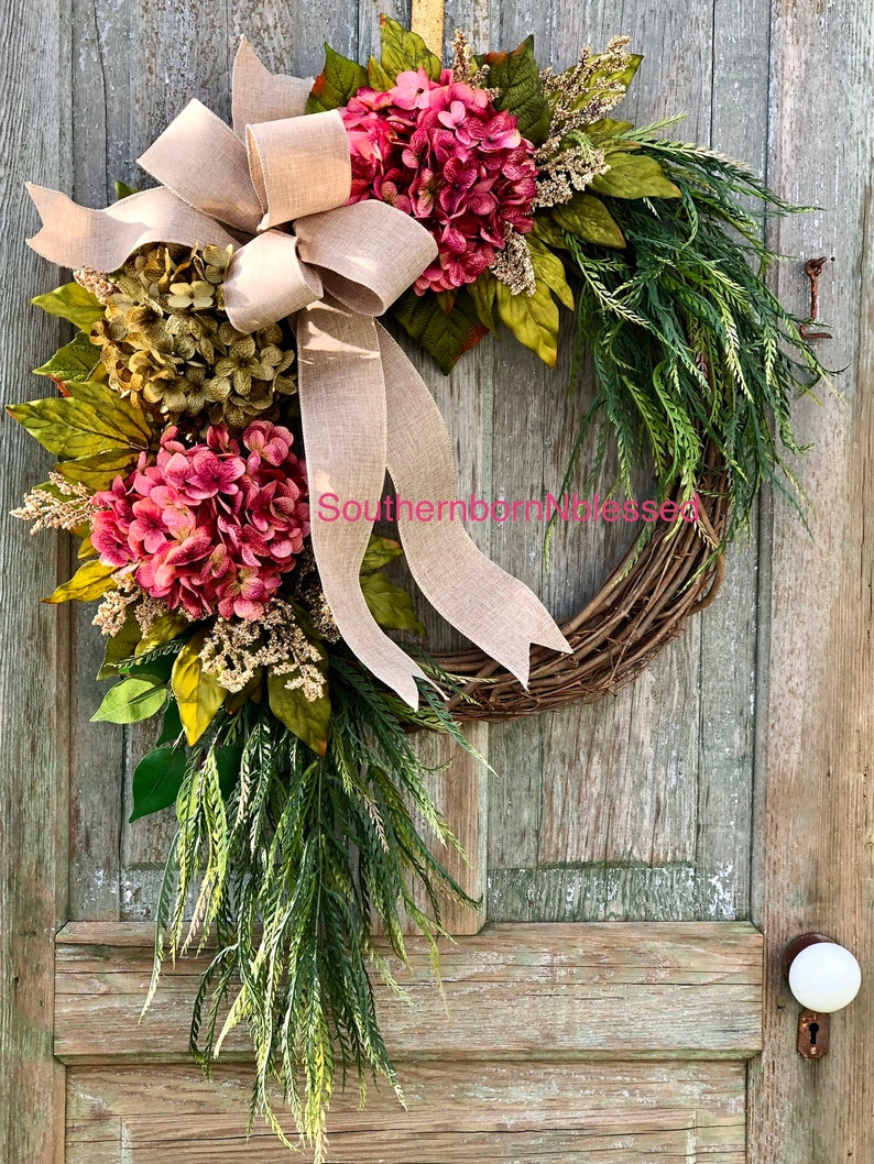 Brand New Farmhouse Wreath, Pink Hydrangea Wreath, All Season Wreath, Spring Wreath, Rustic Home Decor, Summer Wreath, Color Choices image 7