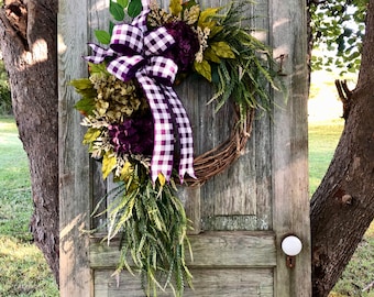 New! Year Round Door Wreath With Bow, Purple Wreath For Front Door, Hydrangea Wreath, Farmhouse Wreath For Fall, Country Home Decor