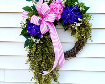 Pink Farmhouse Wreath With Color Choices, Shabby Chic Wreath, Hydrangea Wreath For Front Door, Mother’s Day Gift, French Country Wreath,