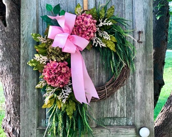 Front Door Wreath With Color Choices, Spring Farmhouse Wreath With Bow, Hydrangea Wreath For Summer, Year Round Door Wreath, French Country