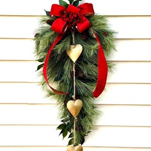 Winter Pine Teardrop Swag: Red Velvet Bow, Gold Hearts - Farmhouse Christmas Door Decor
