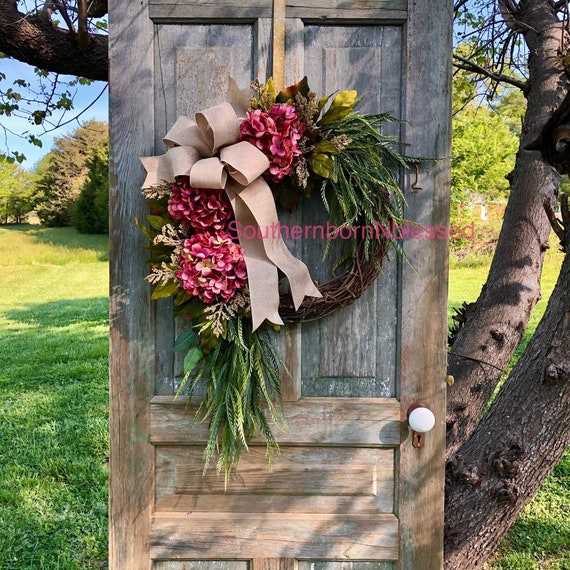 Pink Hydrangea Wreath with Bow: Shabby Chic Country Decor