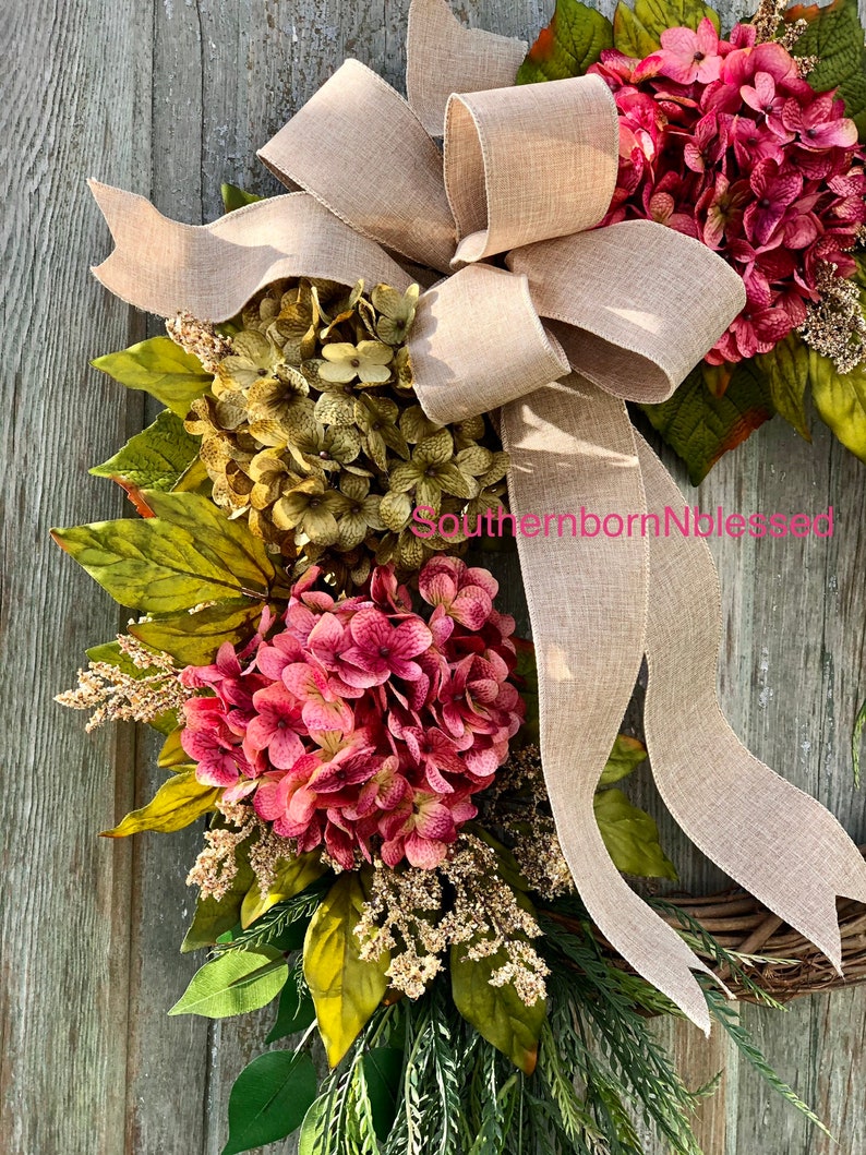 Brand New Farmhouse Wreath, Pink Hydrangea Wreath, All Season Wreath, Spring Wreath, Rustic Home Decor, Summer Wreath, Color Choices image 9