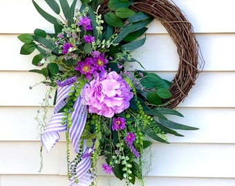 Purple And Lavender Hydrangea Wreath For Spring And Summer, Shabby Chic, Front Door Wreath, French Country, Front Porch Decor, Easter Decor