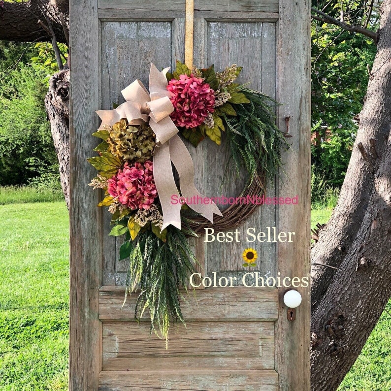 Brand New Farmhouse Wreath, Pink Hydrangea Wreath, All Season Wreath, Spring Wreath, Rustic Home Decor, Summer Wreath, Color Choices image 1