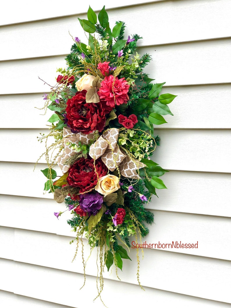 Swags And Wreaths For Front Door Red Wreath Vertical Swag Etsy