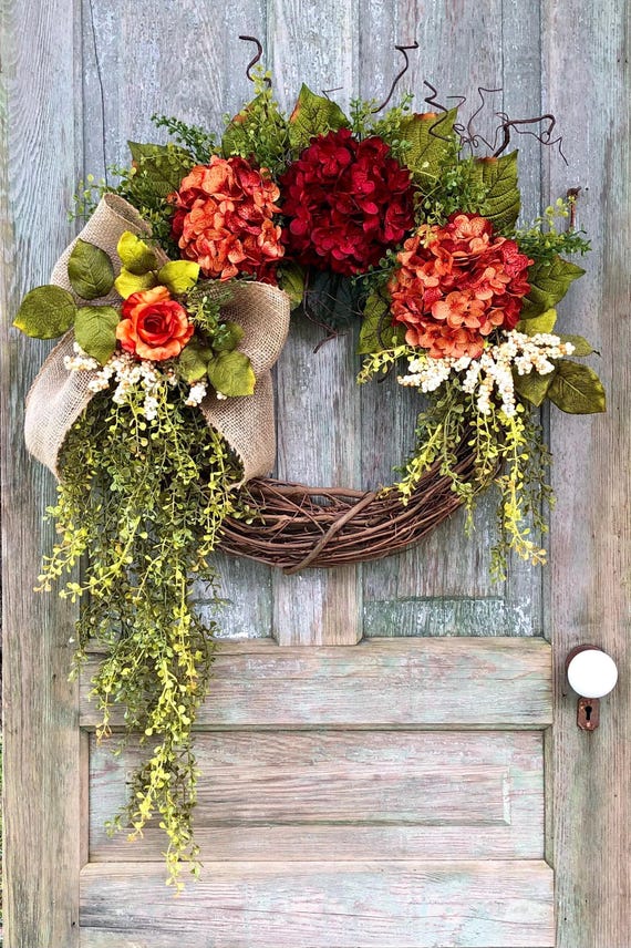 Fall Hydrangea & Rose Wreath: Country Home Decor, Front Door Wreath