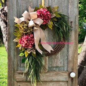 Brand New Farmhouse Wreath, Pink Hydrangea Wreath, All Season Wreath, Spring Wreath, Rustic Home Decor, Summer Wreath, Color Choices image 10