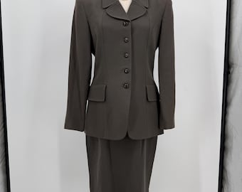 VTG 90s Albert Nipon Skirt Suit Set 100% Wool Olive Brown Blazer Pencil Midi 6