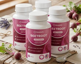 4 Bottles Rosabella Organic Beetroot Capsule (240 Capsules), Pure Beet Root Powder Supplement for Blood Pressure Support, Athletic Endurance