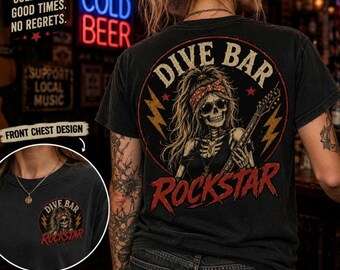 Dive Bar Rockstar Shirt für Frauen, Vintage Skelett Gitarre T-Shirt, Classic Rock Shirt, Musikliebhaber Geschenk, Brauerei Shirt, Rock Chick T-Shirt