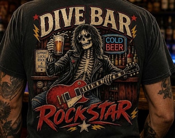 Rockstar Shirt, Vintage Rock Skeleton T-Shirt, Classic Rock Grafik T-Shirt, Gitarrist Geschenk, Beer Bar Life T-Shirt, Musik Liebhaber Shirt