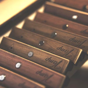 Puede incluir: Una serie de bloques rectangulares de madera dispuestos en una fila diagonal. Cada bloque presenta una veta de madera oscura, una incrustación metálica circular y la palabra Vamp grabada en cursiva. Un bloque muestra un pequeño triángulo.