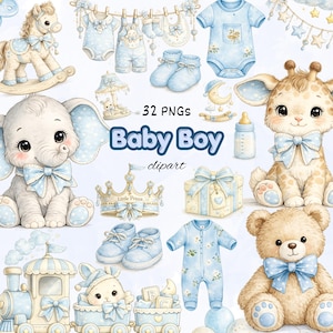 Babyshowerpojke blå clipart-set, barnrumsgrafik, akvarell clipart (digital nedladdning - 32 PNG-bilder)
