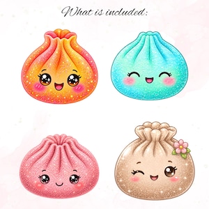 May include: Four cartoon dumpling illustrations with the text What is included: at the top. The dumplings are orange, blue, pink, and beige, each featuring a glittery texture, a smiling face with rosy cheeks, and a unique pleated top design.