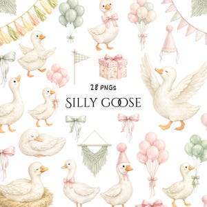 May include: A collection of watercolour illustrations featuring white geese adorned with pink bows, balloons, and party hats. The image includes the text "SILLY GOOSE" and "28 PNGs". Decorative elements include bows, flags, and a gift box.