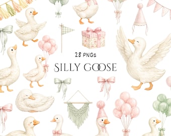 Silly Goose Clipart, Baby Shower Goose, Coquette Nursery, Cottagecore Goose(Digital Download - 28PNGs)