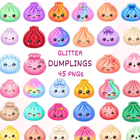 Glitter Dumpling Clipart PNG Bundle, Sparkly Food Characters, Kawaii Food PNG Designs(Digital Download)