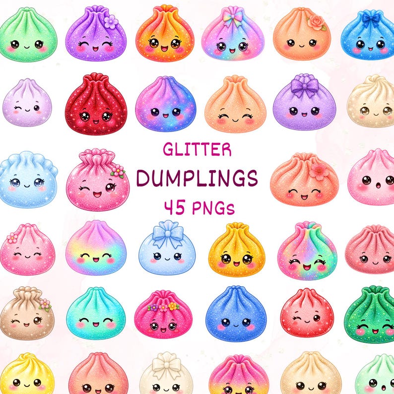 May include: A collection of 45 digital illustrations of glitter dumplings with various colours, gradients, and facial expressions. Some dumplings feature bows or flowers. The text GLITTER DUMPLINGS 45 PNGS is centred in the middle of the image.