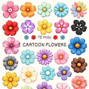 Puede incluir: Una colección de 75 flores de dibujos animados en varios colores, incluyendo rosa, naranja, amarillo, azul, morado, rojo, negro y marrón. Las flores presentan pétalos redondeados y estambres circulares centrales. Texto 75 PNGs CARTOON FLOWERS.