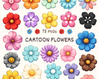 Cartoon Flower Clipart, Floral Doodle, Commercial Use, 75PNGs(Digital Download)