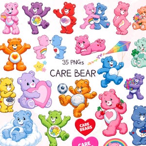May include: A collection of 35 digital PNG illustrations featuring various Care Bears in different poses and colors, including pink, blue, orange, purple, green, and yellow bears, with the text 35 PNGs CARE BEAR and red heart shapes.