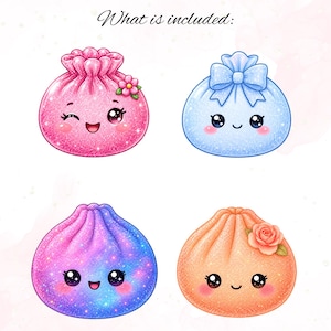 May include: Four round, glittery, cartoon-style pouches with faces and the text "What is included:" at the top. The pouches are pink with a flower, light blue with a bow, purple-blue gradient, and orange with a rose, all featuring large eyes.