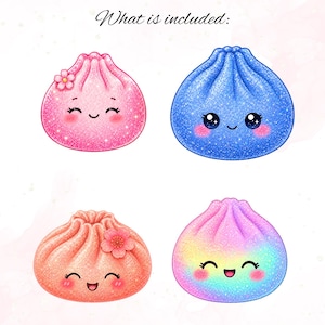 May include: Four glittery, cartoon-style dumpling illustrations with smiling faces. The top left is pink with a flower, the top right is blue, the bottom left is peach with a flower, and the bottom right is a rainbow gradient. Text reads: What is included: