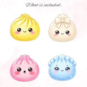 May include: Four illustrated dumplings with smiling faces and glittery textures. The top left is yellow, top right is white with a bow, bottom left is pink with an open mouth, and bottom right is blue. The text above reads: What is included: