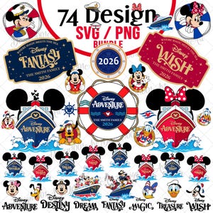 Puede incluir: Un paquete digital de 74 diseños con temática de Disney en formatos SVG y PNG, que incluye ilustraciones de Mickey Mouse, Minnie Mouse, el Pato Donald, Goofy y Pluto, junto con gráficos de cruceros, salvavidas y etiquetas de barcos Disney.