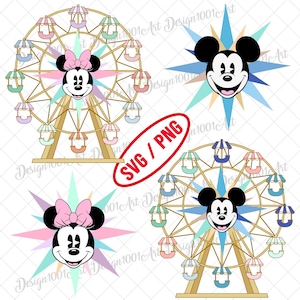 Puede incluir: Ilustración digital de Mickey y Minnie Mouse. La imagen incluye dos norias y dos caras de personajes, cada una sobre un fondo de estrella. El texto "SVG / PNG" está en un óvalo rojo.