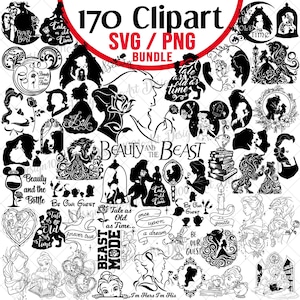 May include: A digital collection of 170 black and white clipart designs featuring Beauty and the Beast characters, roses, and silhouettes. The bundle includes SVG and PNG files with text elements like Tale as Old as Time and Be Our Guest.