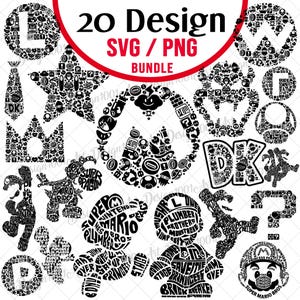Op de afbeelding: Een digitale bundel van 20 zwart-wit grafische ontwerpen met diverse karaktersilhouetten en vormen gevuld met tekst en iconen. De centrale tekst luidt 20 Design SVG / PNG BUNDLE. De collectie bevat sterren, kronen en karakteromtrekken samengesteld uit kleine symbolen en woorden gerelateerd aan videogames.