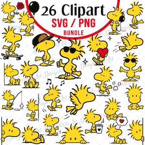 Könnte beinhalten: Eine digitale Sammlung von 26 gelben Vogelillustrationen in den Formaten SVG und PNG. Die Figuren sind in verschiedenen Posen dargestellt, unter anderem mit Sonnenbrille, mit einem roten Herzen, auf einem Skateboard, beim Angeln und beim Kaffeetrinken.
