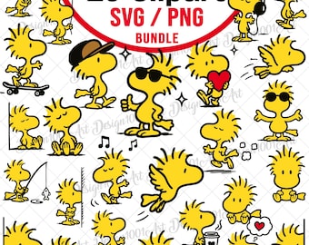 Cute Yellow Bird Svg Png Bundle Clipart, Little Flying Cartoon Bird Svg, White Dog Friends Character Cut Files For Cricut or Sublimation