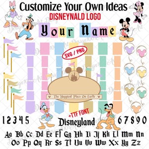 Puede incluir: Un diseño digital con personajes de Disney y el texto "Customize Your Own Ideas". Incluye las palabras "Your Name" y "Disneyland" con una variedad de fuentes, números y letras. El diseño también incluye el texto "The Happiest Place On Earth."