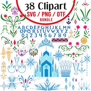 Puede incluir: Un paquete de imágenes prediseñadas digitales con 38 diseños, que incluyen elementos florales, copos de nieve, un castillo, una corona y un alfabeto con números. Los diseños son de varios colores, incluyendo azul, rosa, verde y dorado. El texto "38 Clipart SVG/PNG/OTF BUNDLE" se muestra en la parte superior.