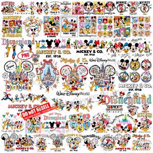 Puede incluir: Una colección digital de ilustraciones gráficas coloridas que presentan a Mickey Mouse, Minnie Mouse, Donald Duck, Daisy Duck, Goofy y Pluto en varias poses, junto a textos como Disneyland, Walt Disney World y Mickey & Co. Est. 1928.