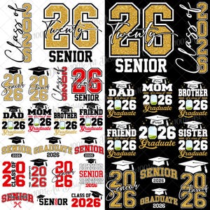 Puede incluir: Una colección de diseños digitales con temática de graduación. Los diseños presentan el año "2026" con las palabras "Senior", "Class of" y "Graduate". La paleta de colores incluye dorado, rojo y negro, con gorros de graduación y texto de celebración.