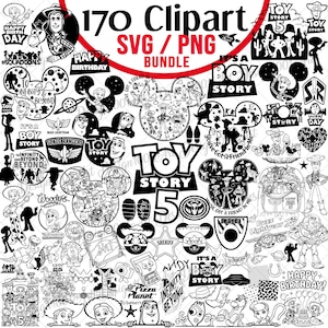 以下が含まれることがあります： トイ・ストーリーのキャラクター、ロゴ、Toy Story 5、It's a Boy Story、To Infinity and Beyondなどのフレーズが描かれた170種類の白黒クリップアートのデジタルバンドル。クラフト用のSVGおよびPNGファイル形式が含まれています。