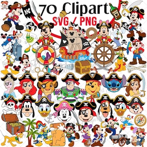 Puede incluir: Una colección de 70 imágenes prediseñadas con temática pirata en formatos SVG y PNG. Las imágenes presentan varios personajes de dibujos animados disfrazados de piratas, incluyendo Mickey Mouse y Donald Duck. Las ilustraciones incluyen barcos piratas, cofres del tesoro y otros elementos relacionados con los piratas.