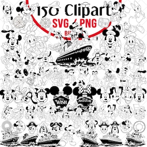 Puede incluir: Una colección de 150 ilustraciones de arte lineal en blanco y negro con personajes de dibujos animados en trajes náuticos, cruceros e iconos marítimos. El texto dice 150 Clipart SVG PNG, WISH y ADVENTURE, mostrando varias poses.