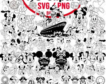 Mouse And Friends Cruise Line Art Svg Png Bundle, Cartoon Captain Clipart, Shirt Family Cruise Vacation Outline Svg, Cruise Characters