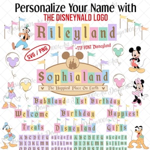 Puede incluir: Un diseño digital con las palabras "RileyLand" y "SophiaLand" en colores pastel, ilustraciones de personajes de Disney y el texto "The Happiest Place On Earth". Incluye bloques de alfabeto y otros elementos de diseño.