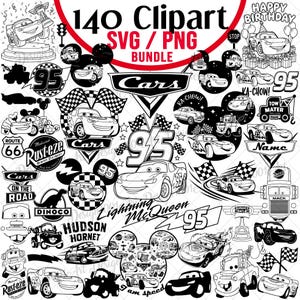 Op de afbeelding: Een digitale collectie van 140 zwart-wit clipart-illustraties met personages en logo's uit de Cars-filmreeks, waaronder Lightning McQueen, Takel, Hudson Hornet, het nummer 95, geblokte vlaggen en diverse teksten.