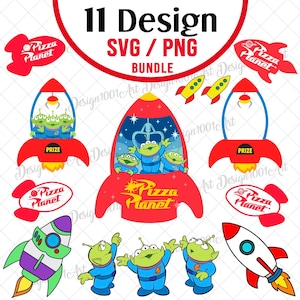 Puede incluir: Un paquete de diseño digital con 11 gráficos que incluyen cohetes rojos, alienígenas verdes de tres ojos con trajes espaciales azules y logotipos de Pizza Planet. La colección incluye archivos en formatos SVG y PNG con diversas ilustraciones espaciales.