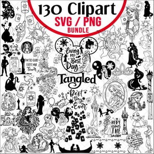 Puede incluir: Una colección digital de 130 diseños de imágenes prediseñadas en blanco y negro en formatos SVG y PNG con personajes, torres, linternas, símbolos de sol y textos como Living My Best Day, Tangled y Best Day Ever, en un diseño de collage.
